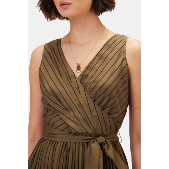 NWT Amour Vert Cambria Pinstripe Pleated Sleeveless Dress in Bronzed Olive Sz S - Picture 6 of 16